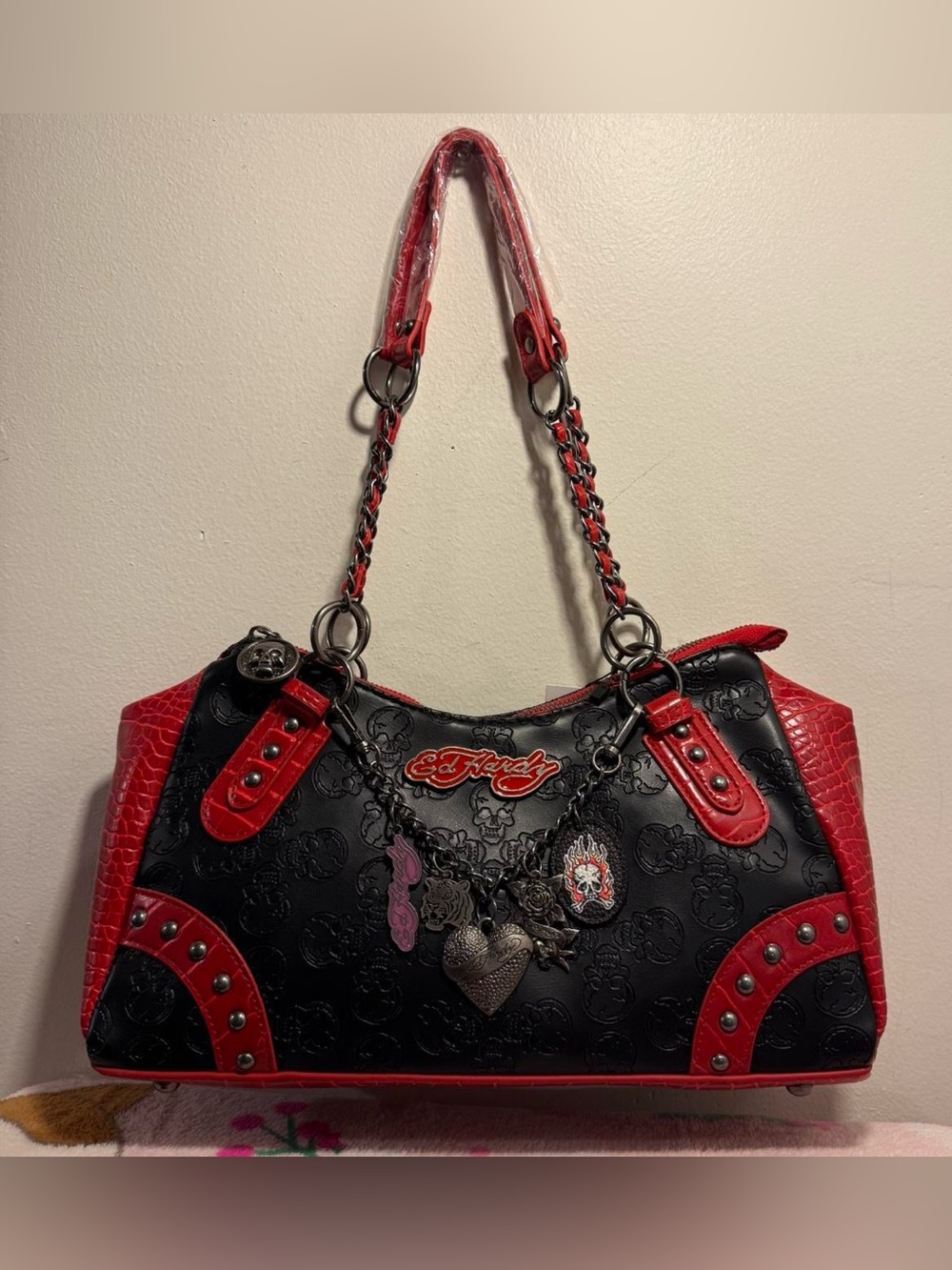 Ed Hardy Love Hearts Skull Roses Studded Satchel Tote NWT